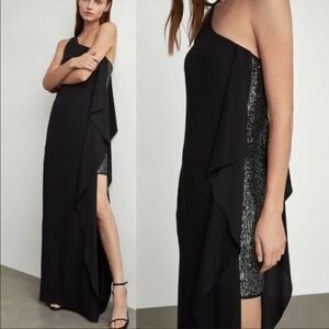 BCBGMaxAzria One-Shoulder Ruffle Glitter Panel Evening Gown Maxi Dress Black 0